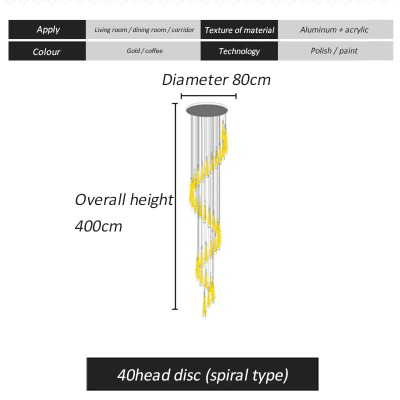 Afralia™ LED Spiral Chandelier Black Chrome Gold Pendant Light Modern Stairwell Lighting