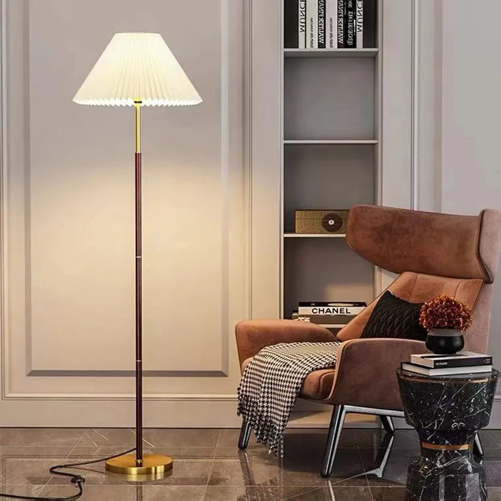Afralia™ Pleated Wood Floor Lamp with White Fabric Shade