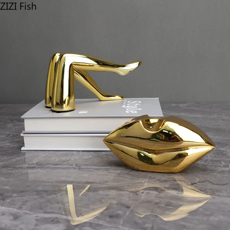 Afralia™ Gilded Lips & Leg Resin Figurines Sculpture for Modern Home Decor