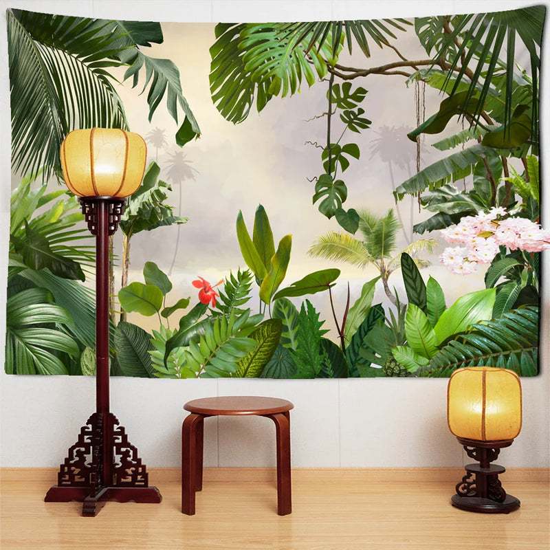 Afralia™ Botanical Palm Leaf Green Tapestry | Tropical Rainforest Plant Wall Hanging