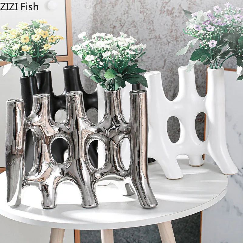 Afralia™ Ceramic Vase with Artificial Flowers | Modern Abstract Floral Living Room Decor