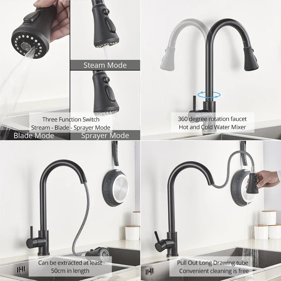 Afralia™ Matte Black Kitchen Faucet Pull Out Sink Mixer Tap 360 Rotation Deck Mounted