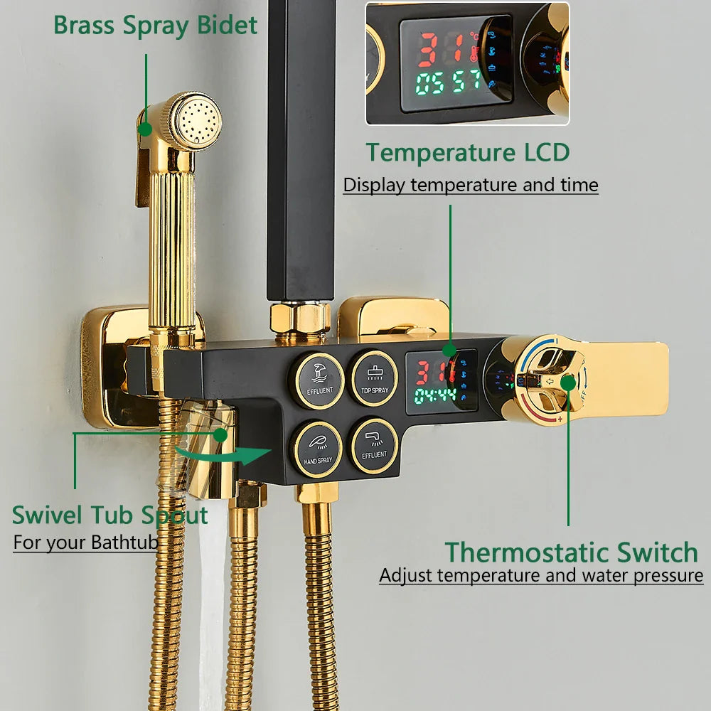 Afralia™ Brass LCD Thermostatic Mixer Shower Set with Bidet and Tub Spout