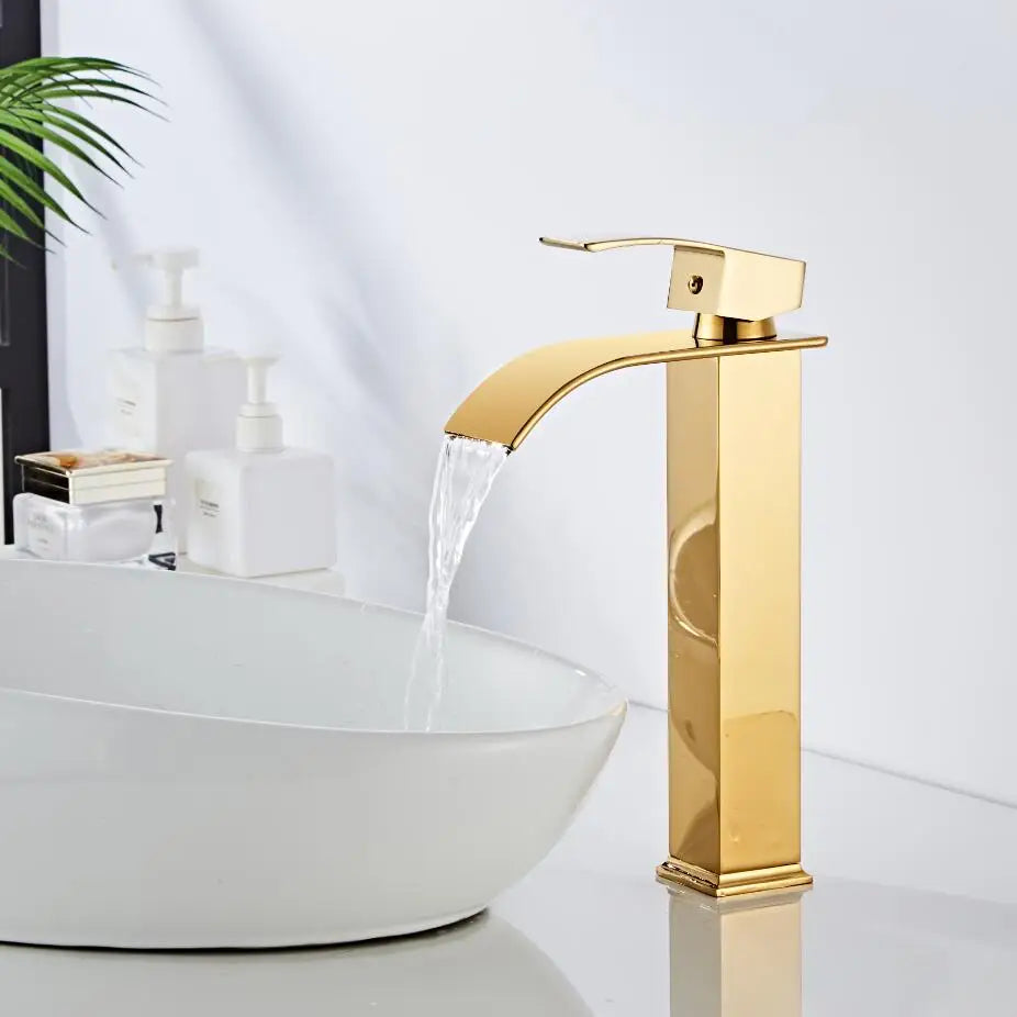 Afralia™ Gold Waterfall Basin Faucet - Brass Mixer Tap for Bathroom Sink, Hot and Cold