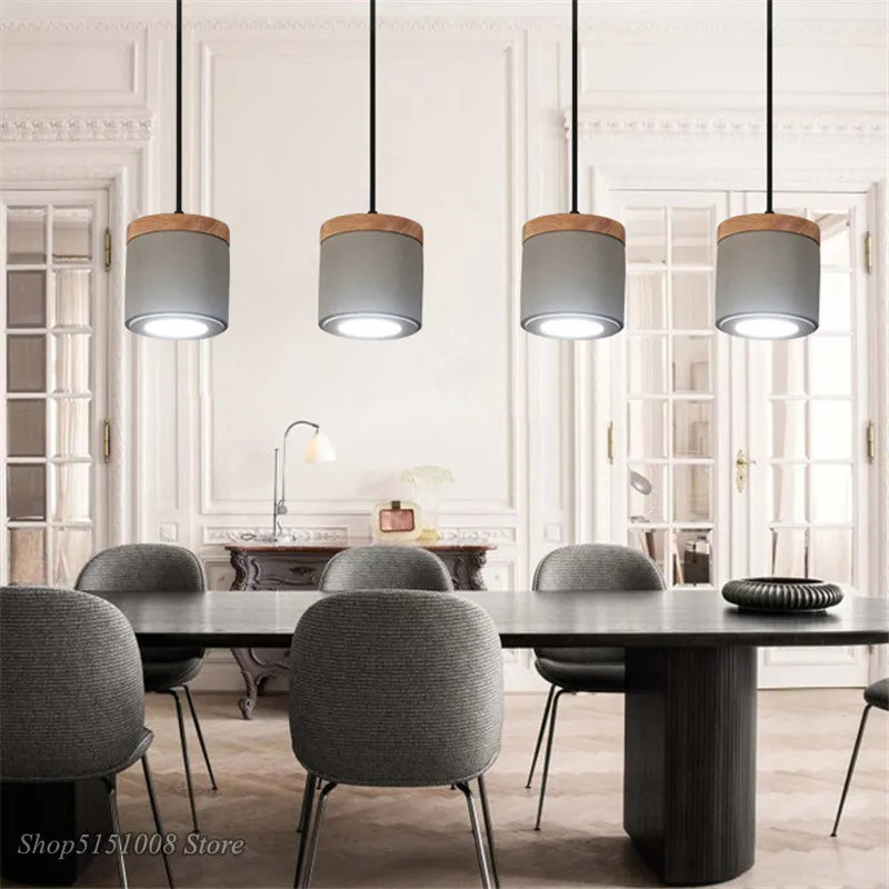 Afralia™ Nordic Cement Wood Pendant Lights LED Indoor Lighting Fixture