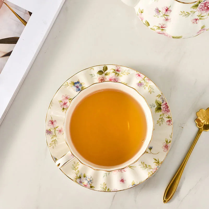 Afralia™ Elegant Flower Tea Cup Set with Spoon & Saucer