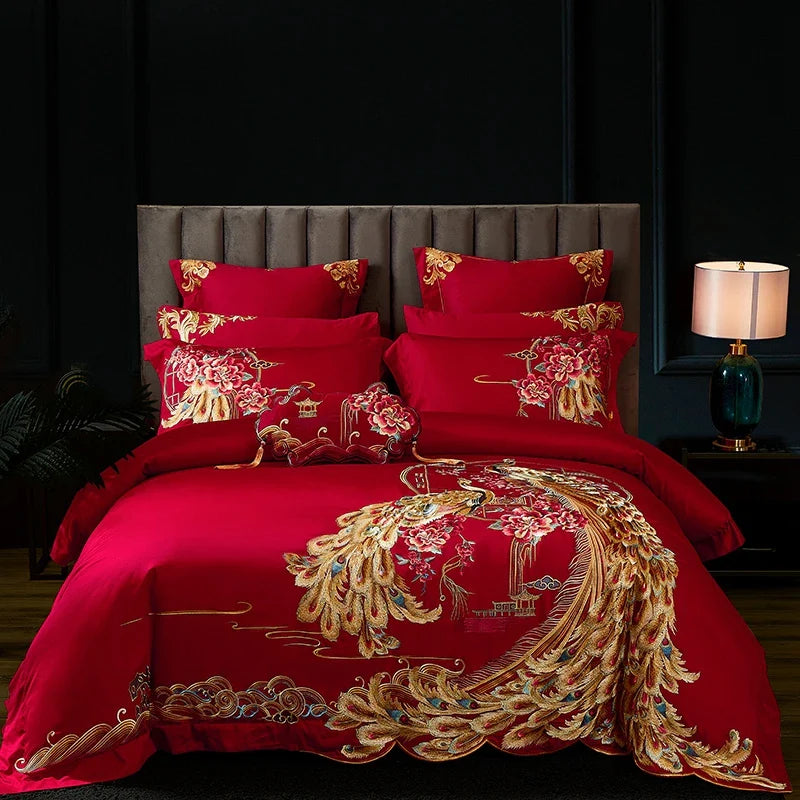 Afralia™ Luxury Gold Phoenix Embroidery Bedding Set, Red Chinese Wedding Style