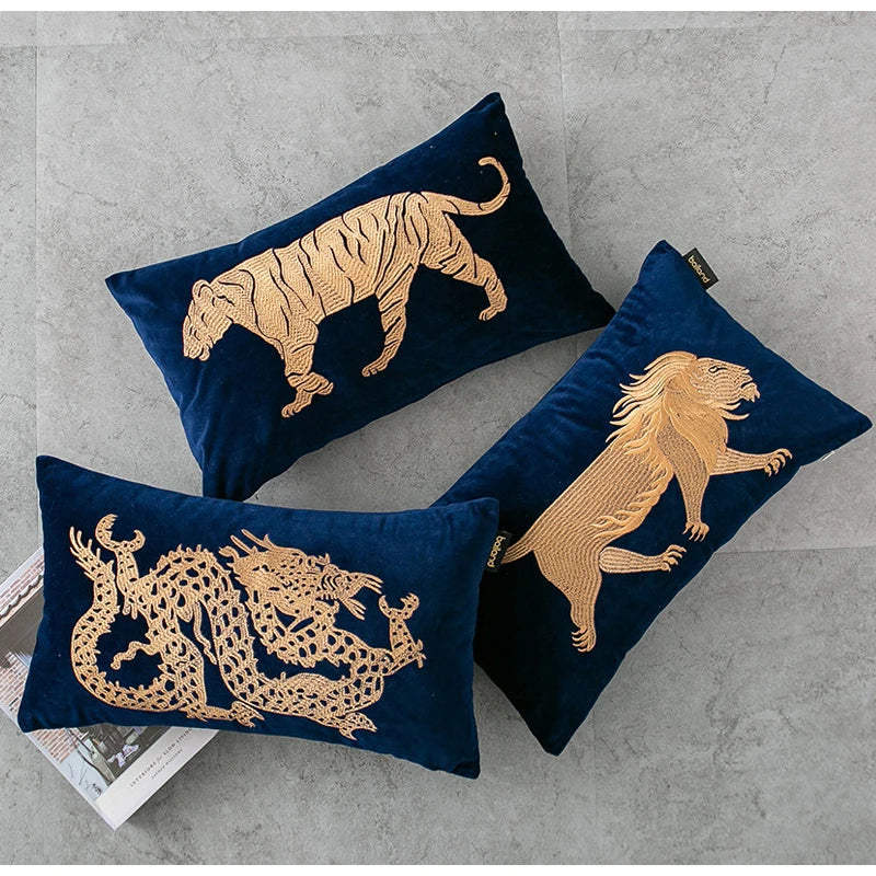 Afralia™ Strong Lion 3D Bronzing Embroidery Decorative Pillow Case, Mid Century Modern Luxurious Cushion Cover