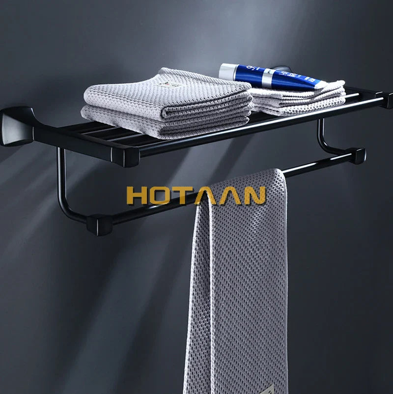 Afralia™ Black Aluminum Towel Rack with Hook, Wall-mounted Bathroom Towel Holder and Shelf