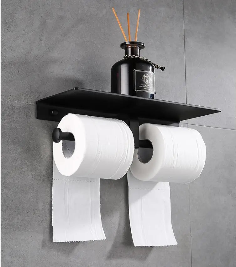 Afralia™ Black Aluminum Toilet Paper Holder with Phone Shelf & Double Roll Tissue Boxes