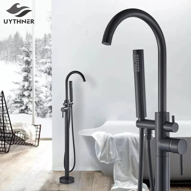 Afralia™ Black Dual Handle Freestanding Bathtub Faucet Set Floor Standing Bath Mixer Tap