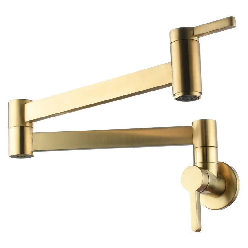 Afralia™ Brushed Gold Brass Wall Mounted Pot Filler Faucet with Rotating Foldable Spout