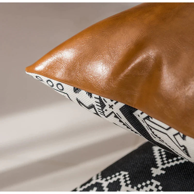 Afralia™ Cognac Leather Cotton Color Block Cushion Cover 45x45cm