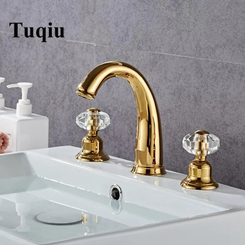 Afralia™ Crystal Handle Gold Basin Faucet, Widespread Sink Tap, Hot/Cold Mixer