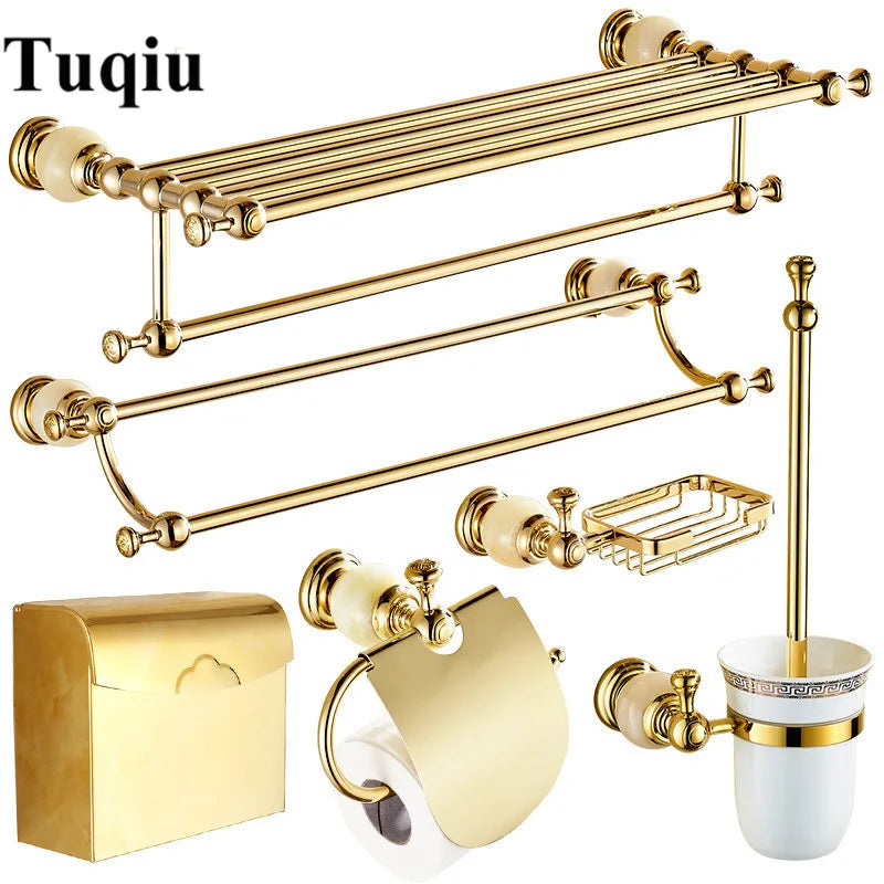 Afralia™ Brass Jade Bathroom Hardware Set: Corner Shelf, Paper Holder, Towel Bar, Soap Basket, Rack.