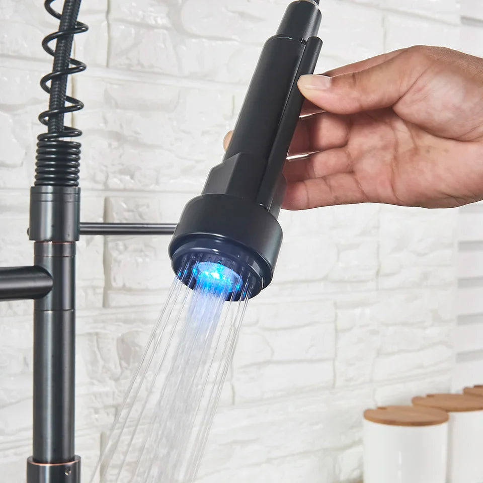 Afralia™ LED Kitchen Faucet Pull Down Mixer Tap Hot Cold Water Vessel Sink Brass