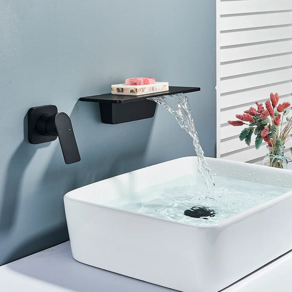 Afralia™ Matte Black Waterfall Sink Faucet Shelf Hot Cold Mixer Taps - Wall Mounted Brass Basin Faucet