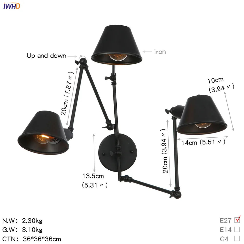 Afralia™ Black Swing Arm Wall Light Industrial Vintage Sconce, LED, Bedroom Loft Stair Lighting