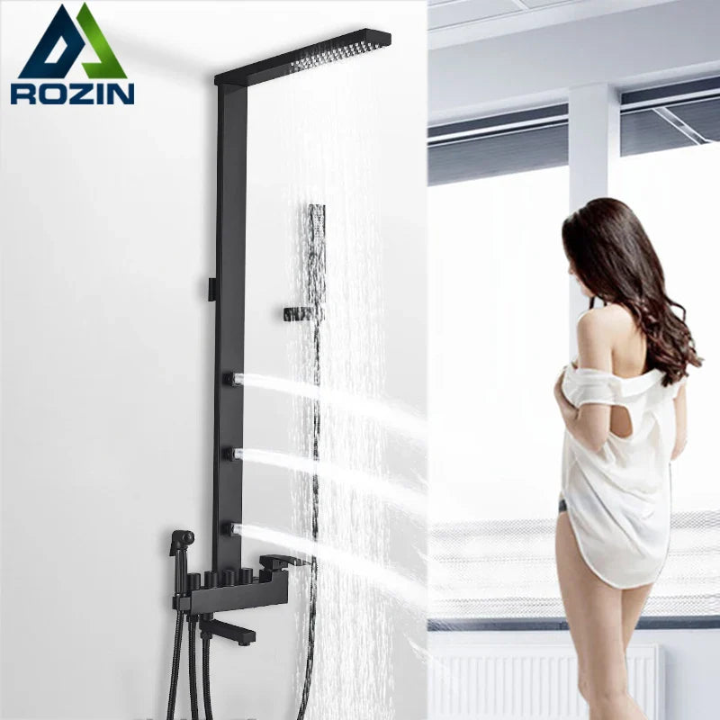 Afralia™ Black Bathroom Faucet Shower Kit with Rainfall Shower Column and Bidet Mixer System