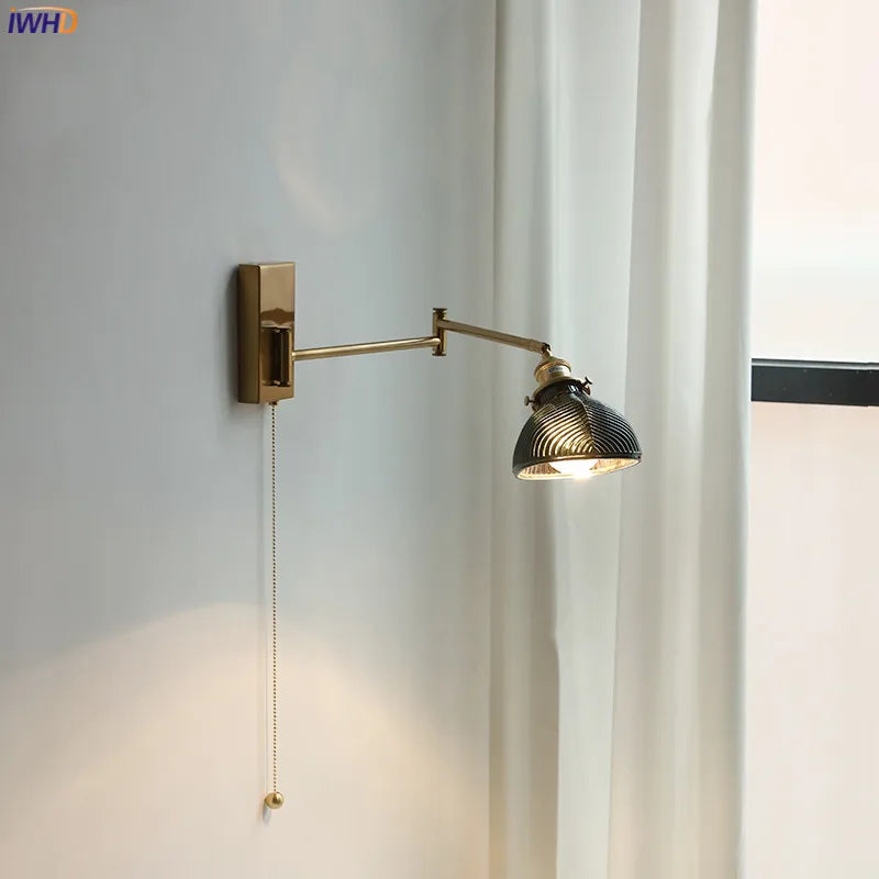 Afralia™ Swing Arm Wall Lamp with Pull Chain Switch, Rotate Ceramic Lampshade, LED Mirror Light