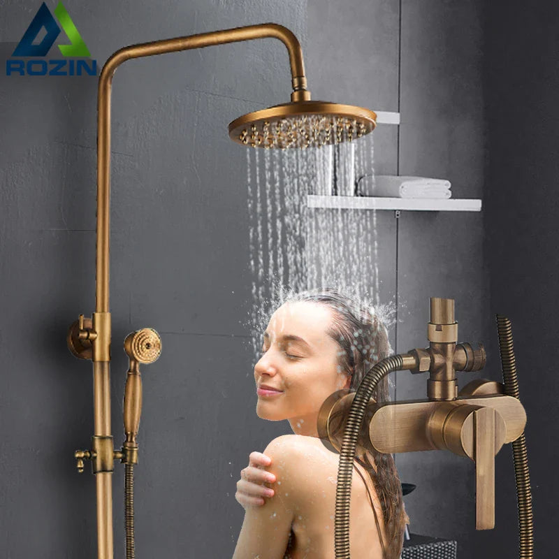 Afralia™ Antique Brass Shower Set Single Handle Wall Mount Rainfall Mixer Faucet