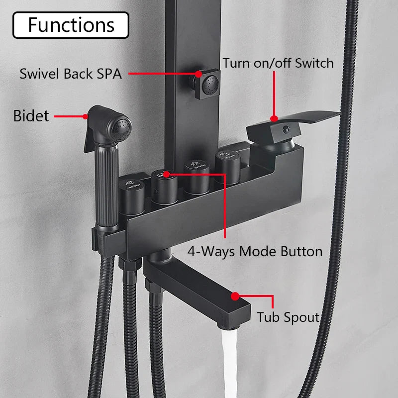 Afralia™ Black Bathroom Faucet Shower Kit with Rainfall Shower Column and Bidet Mixer System