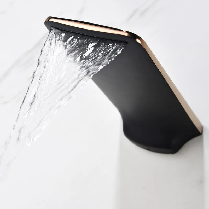 Afralia™ Rose Gold & Black Basin Faucet Set: In-Wall Waterfall Mixer Tap