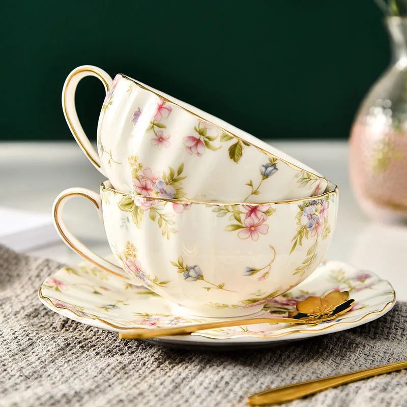 Afralia™ Elegant Flower Tea Cup Set with Spoon & Saucer