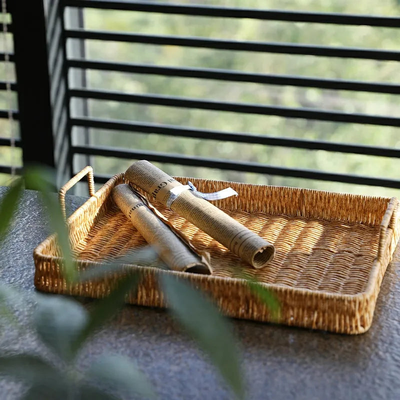 Afralia™ Rattan Weave Storage Tray with Handle - Multi-Functional Serving Platter