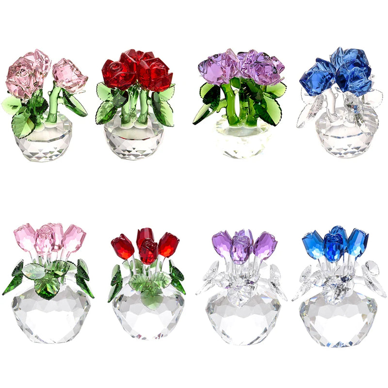 Afralia™ Crystal Rose Flower Dreams Glass Paperweight Bouquet Sculpture