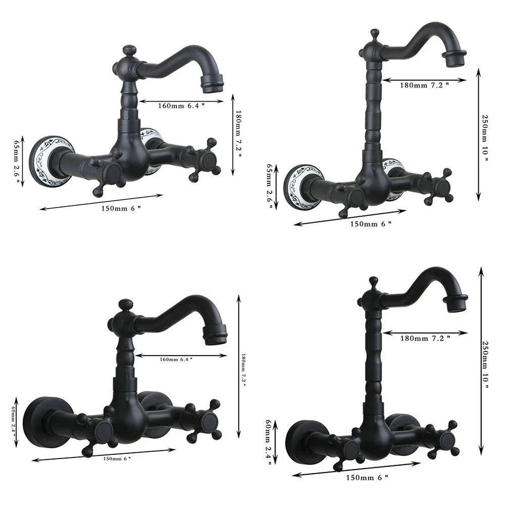 Afralia™ Black Swivel Wall Mounted Bathroom Faucet with Ceramic Base - 2 Handles