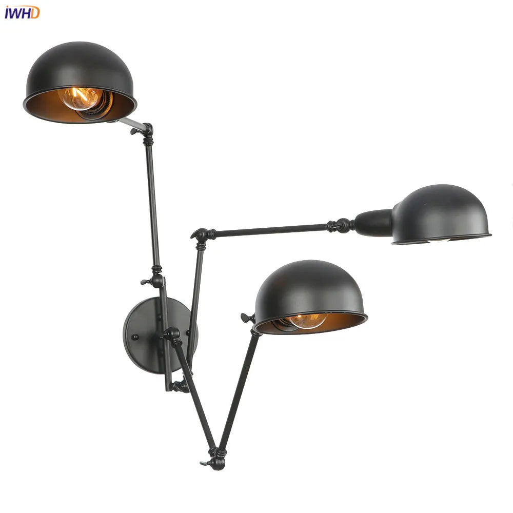 Afralia™ Loft Antique Edison Wall Sconce Swing Arm Wall Light - 3 Heads Black