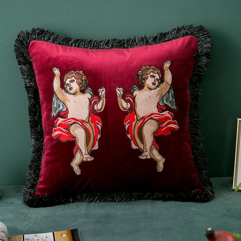 Afralia™ Velvet Angel Embroidered Fringed Cushion Cover 45x45cm - Luxury Retro Coussin