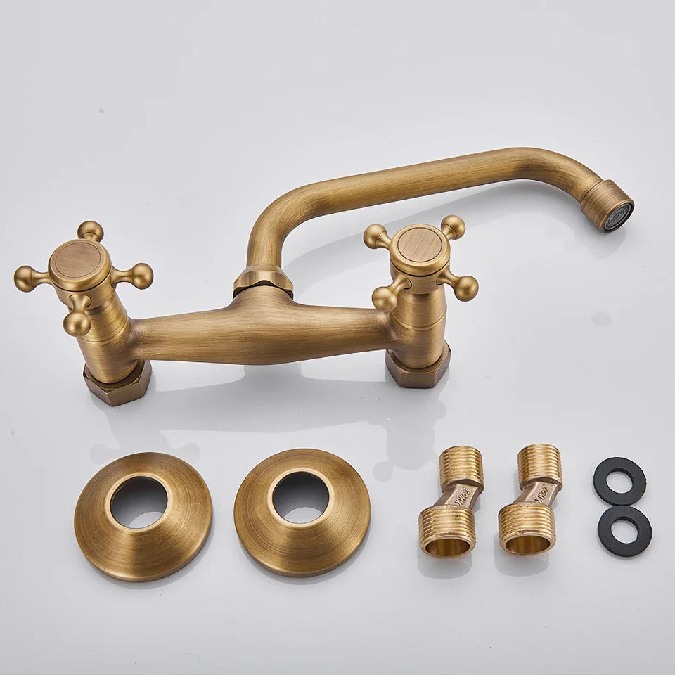 Afralia™ Swivel Spout Antique Brass Wall Mounted Kitchen Faucet Mixer Tap