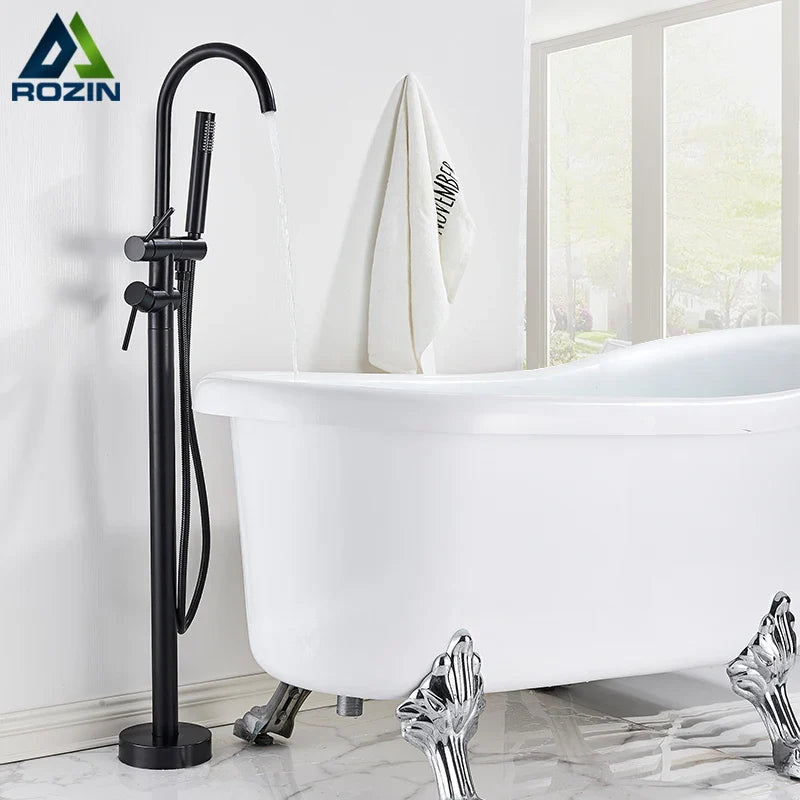 Afralia™ Black Floor Standing Bathtub Faucet with 7 Colors LED Swivel Spout