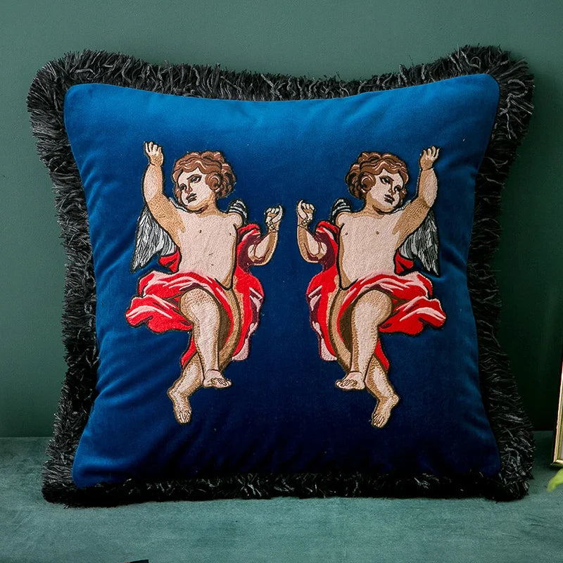 Afralia™ Velvet Angel Embroidered Fringed Cushion Cover 45x45cm - Luxury Retro Coussin