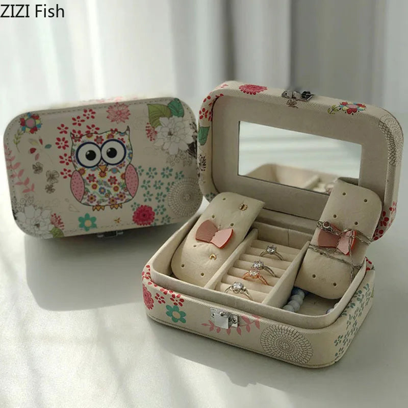 Afralia™ Owl Makeup Box with Mirror & Jewelry Organizer
