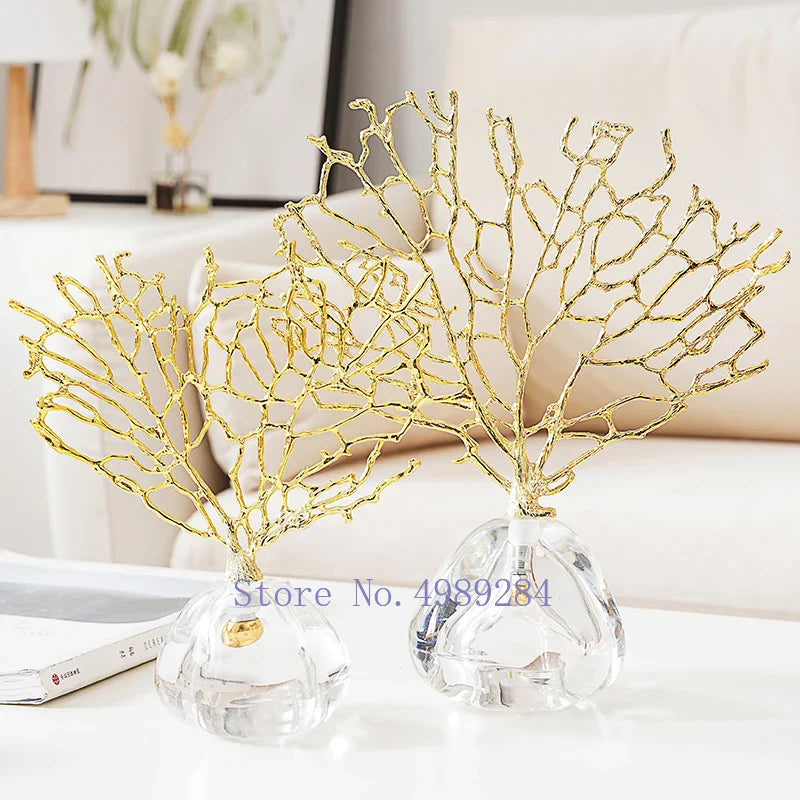 Afralia™ Crystal Metal Golden Coral Handicraft Home Decor for Modern Living Space
