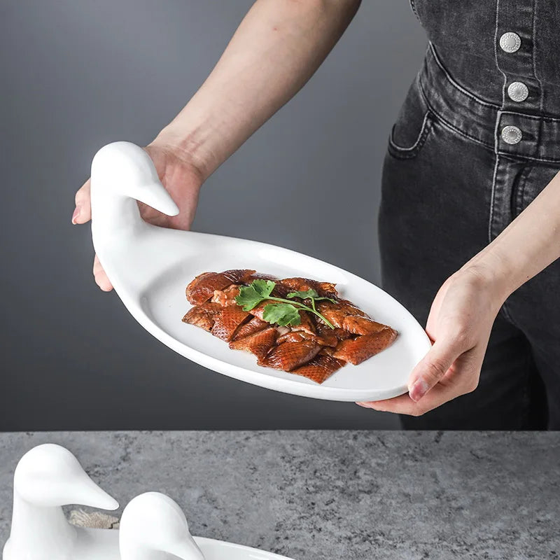 Afralia™ White Duck Ceramic Plates Set for Serving, Dining & Decoration