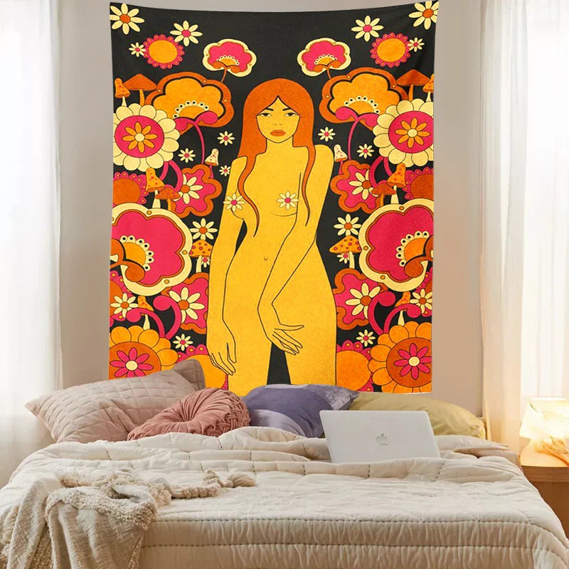 Afralia™ 80s Vintage Floral Wall Tapestry Retro Dorm Decor