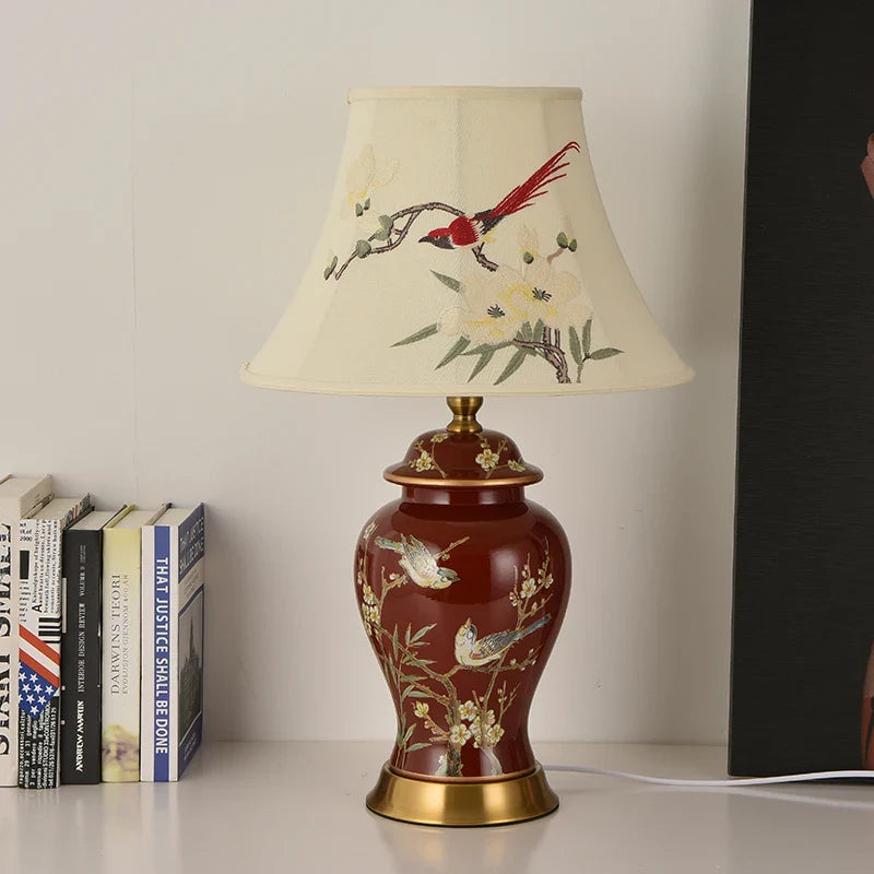 Afralia™ Festive Magpie Embroidery Lampshade & Ceramic Table Lamp - Marriage Home Decor