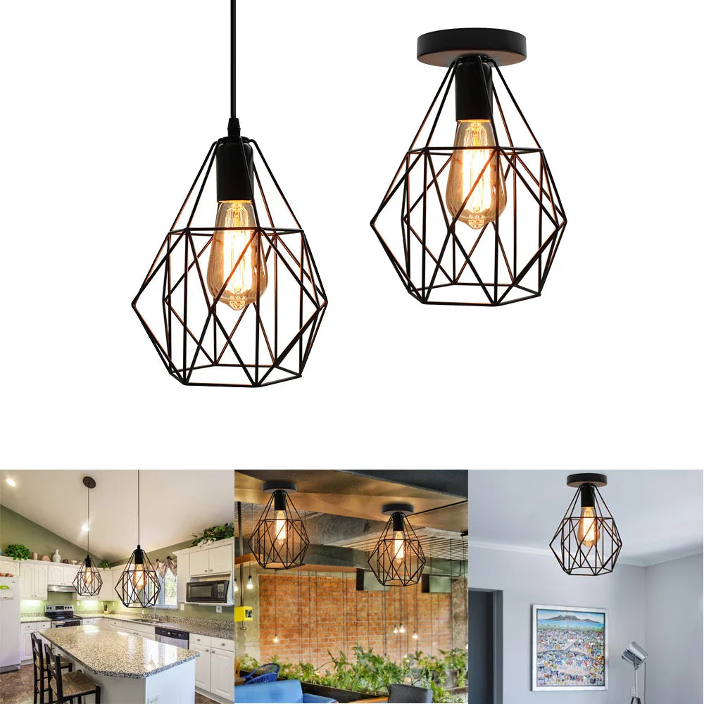 Afralia™ Iron Cage Chandelier Loft Ceiling Light for Kitchen Bedroom Living Room