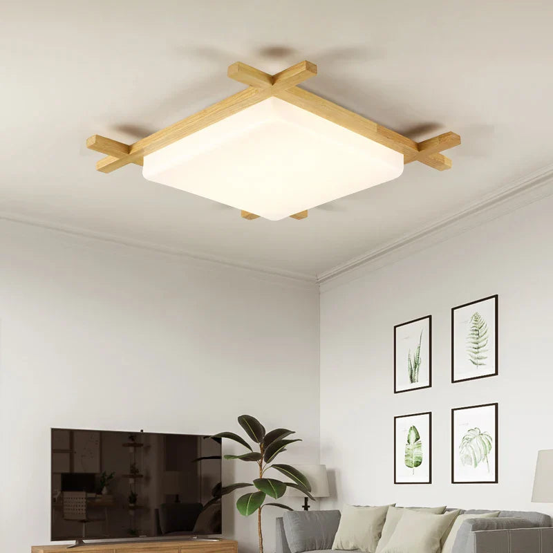 Afralia™ Japanese Wood Ceiling Light Tatami Lamp Flush Mount Living Room Bedroom Square