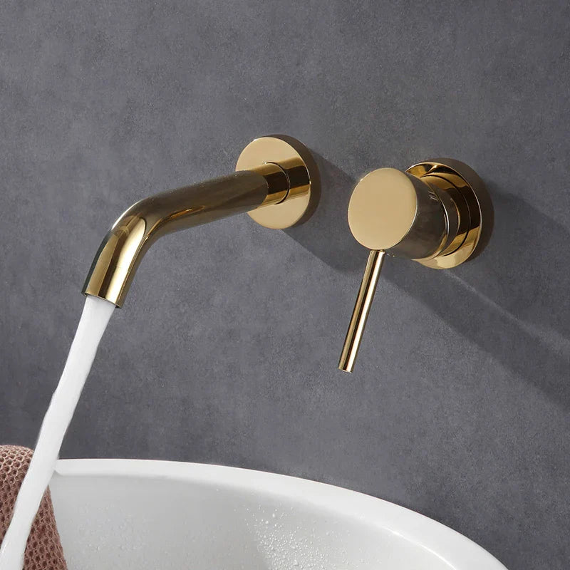 Afralia™ Gold Brass In-Wall Basin Faucet Mixer Tap for Hot Cold Bathroom Sink