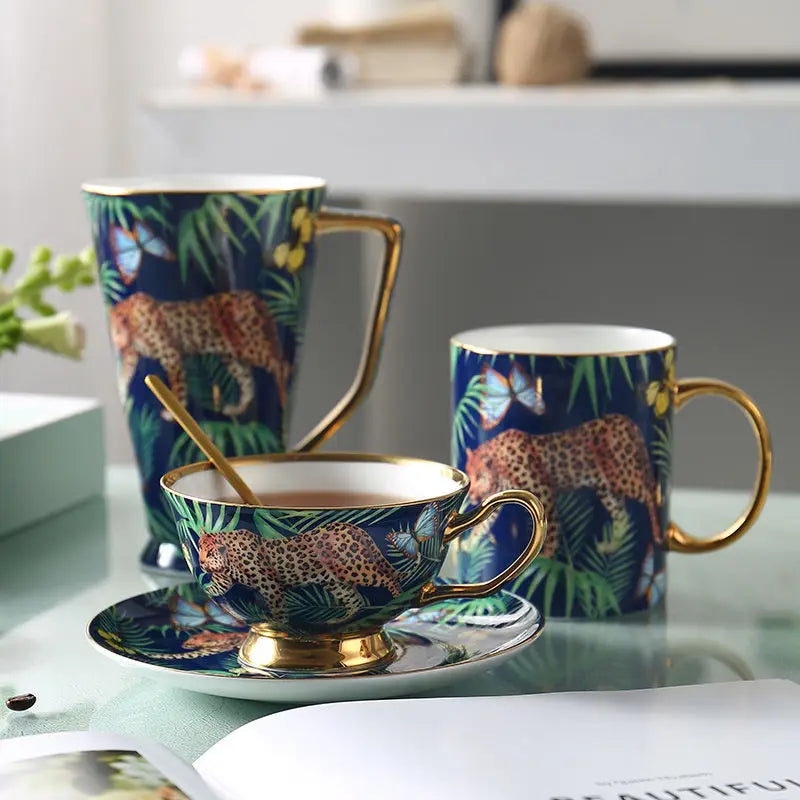 Afralia™ Jungle Animals Bone China Coffee Mug Set for Tea Lovers and Office Use