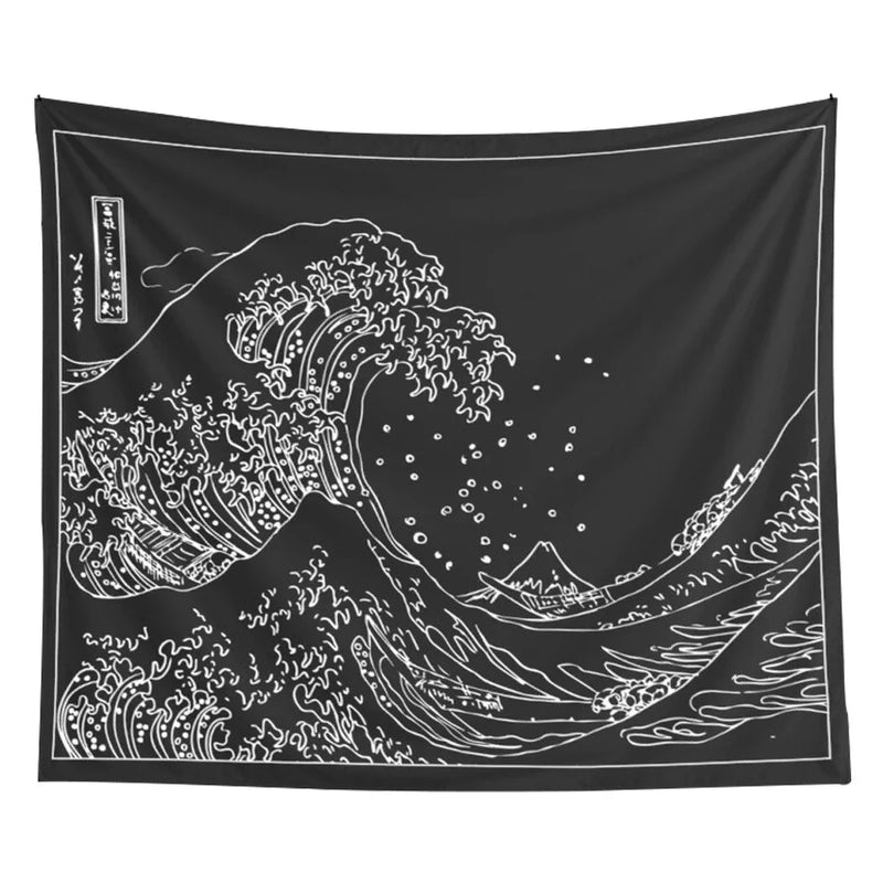 Afralia™ Kanagawa Wave Black White Tapestry Japanese Surfing Vintage Art Wall Hanging