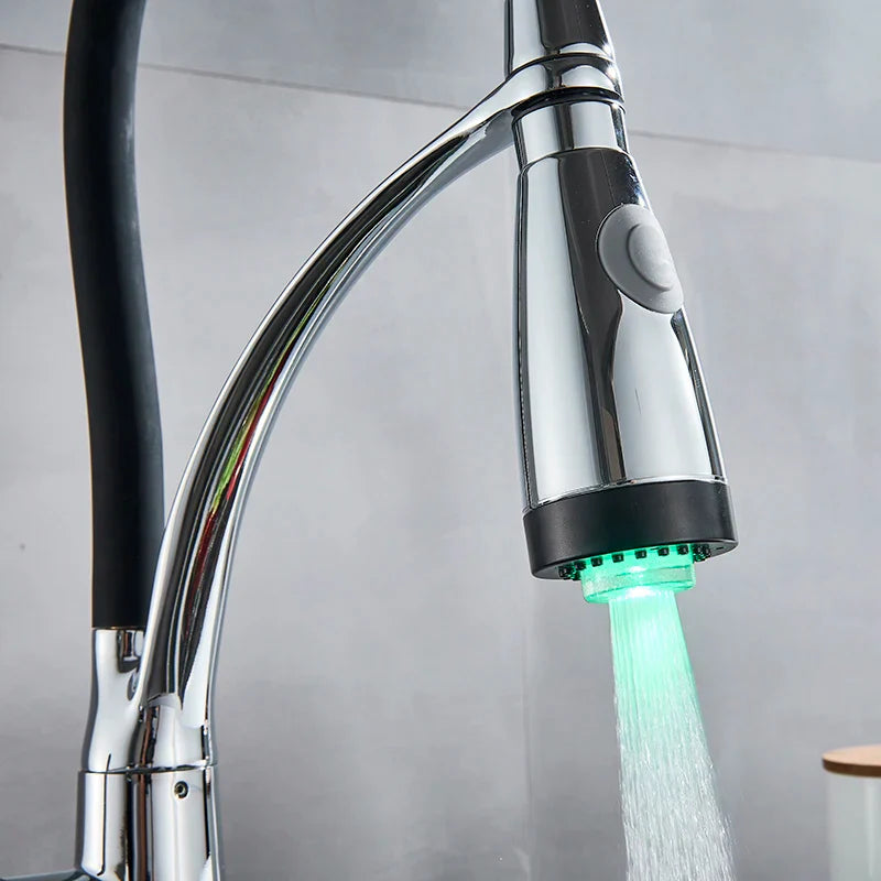 Afralia™ LED Chrome Kitchen Sink Faucet Single Handle 360 Rotate Pull Out Sprayer