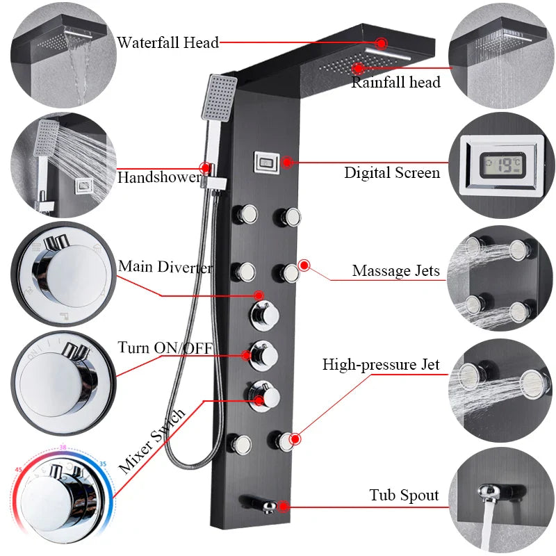 Afralia™ Thermostatic Mixer Shower Panel with Rainfall Waterfall Massage Jets - Shower Faucet Tower