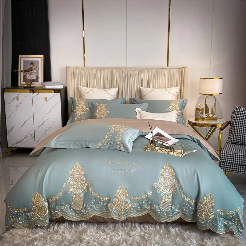 Afralia™ 1000TC Egyptian Cotton Gold Embroidery 4Pcs Bedding Set - Luxe Chic Collection