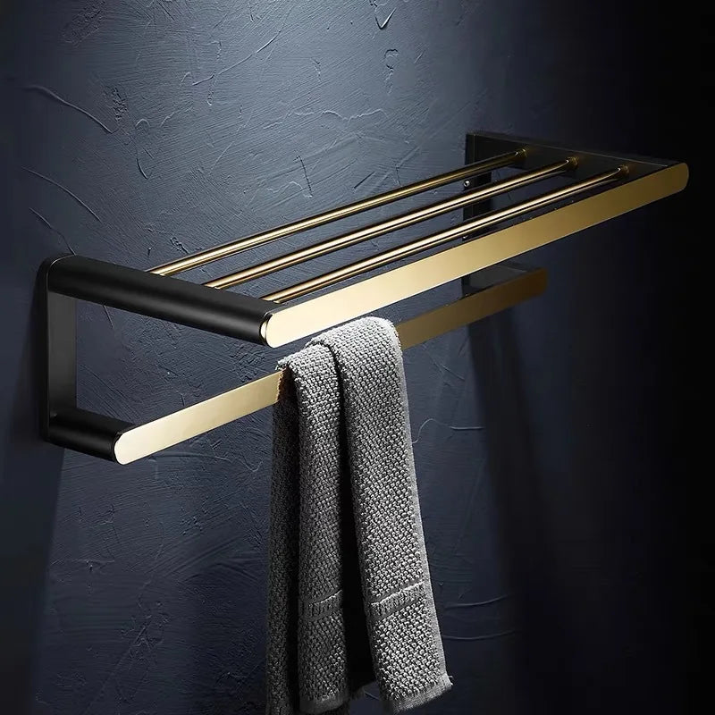 Afralia™ Gold & Black Bathroom Set - Shelf, Towel Rack, Holder, Brush Holder & More